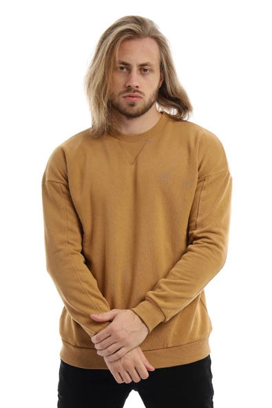 Erkek 3 İplik Pamuklu İçi Polarlı Regular Fit Basic Bisklet Yaka Kahverengi Sweatshirt - 2