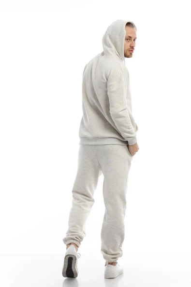 Erkek 3 İplik Pamuklu İçi Polarlı Oversize Kapüşonlu Kanguru Cepli Kar Melanj Sweatshirt - 10