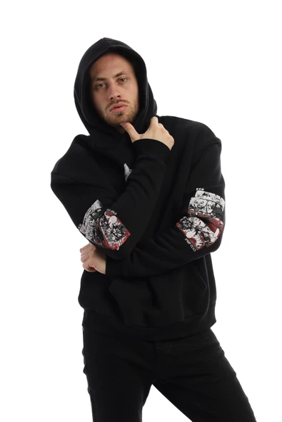 Erkek 3 İplik Pamuklu İçi Polarlı  Oversize Ön Arka Kol Baskılı Kapüşonlu Kanguru Cepli Siyah Sweatshirt - 8