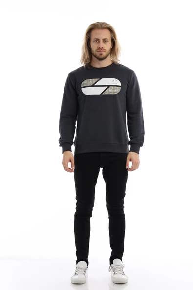 Erkek 3 İplik Pamuklu Baskılı Regular Fit Basic Bisiklet Yaka Füme Sweatshirt - Resim 4