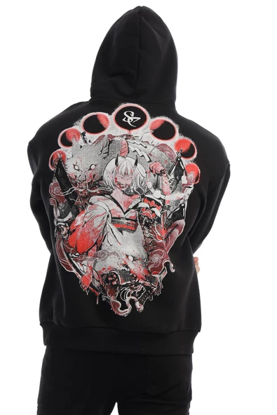 Erkek 3 İplik Pamuklu İçi Polarlı  Oversize Ön Arka Kol Baskılı Kapüşonlu Kanguru Cepli Siyah Sweatshirt - 5