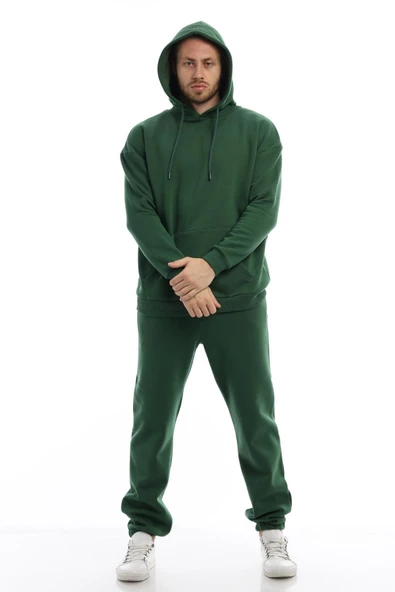 Erkek 3 İplik Pamuklu İçi Polarlı Oversize Kapüşonlu Kanguru Cepli Yeşil Sweatshirt - Resim 10