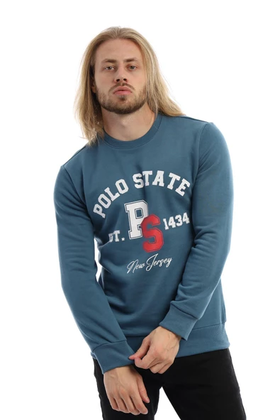 Erkek 3 İplik Pamuklu Baskılı Regular Fit Basic Bisiklet Yaka Mavi Sweatshirt - 8