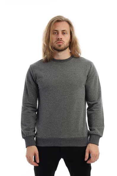 Erkek 3 İplik Pamuklu Regular Fit Basic Bisiklet Yaka Antrasit Sweatshirt - 6