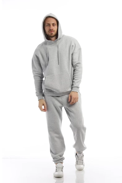 Erkek 3 İplik Pamuklu İçi Polarlı Oversize Kapüşonlu Kanguru Cepli Gri Sweatshirt - Resim 4