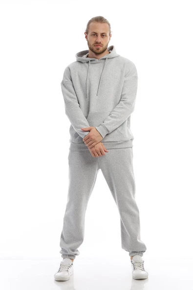 Erkek 3 İplik Pamuklu İçi Polarlı Oversize Kapüşonlu Kanguru Cepli Gri Sweatshirt - Resim 12