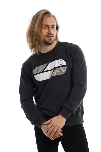 Erkek 3 İplik Pamuklu Baskılı Regular Fit Basic Bisiklet Yaka Füme Sweatshirt - Resim 12