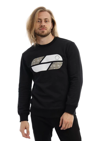 Erkek 3 İplik Pamuklu Baskılı Regular Fit Basic Bisiklet Yaka Siyah Sweatshirt - 3