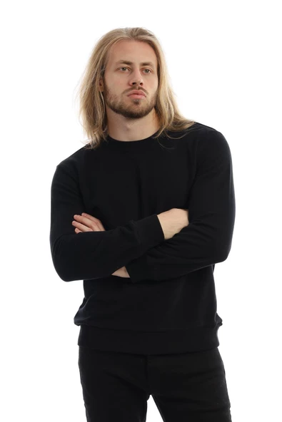 Erkek 3 İplik Pamuklu Regular Fit Basic Bisiklet Yaka Siyah Sweatshirt - 8