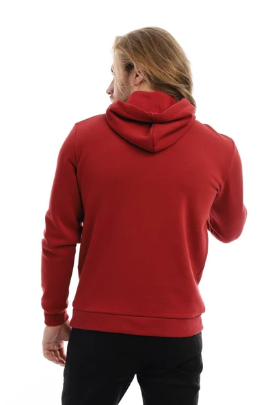 Erkek 3 İplik Pamuklu İçi Polarlı Regular Fit Baskılı Kapüşonlu Kanguru Cepli Bordo Sweatshirt - 10