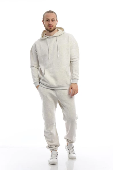 Erkek 3 İplik Pamuklu İçi Polarlı Oversize Kapüşonlu Kanguru Cepli Kar Melanj Sweatshirt - 12
