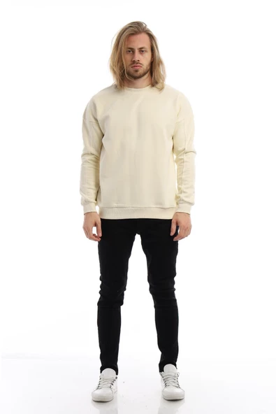 Erkek 3 İplik Pamuklu İçi Polarlı Regular Fit Basic Bisklet Yaka Krem Sweatshirt - Resim 9