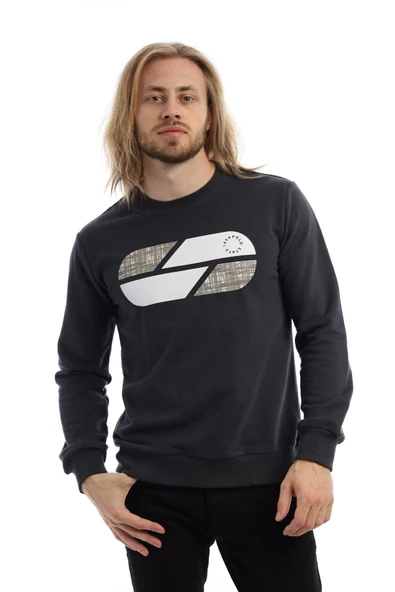 Erkek 3 İplik Pamuklu Baskılı Regular Fit Basic Bisiklet Yaka Füme Sweatshirt - Resim 3