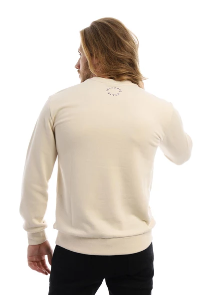 Erkek 3 İplik Pamuklu Baskılı Regular Fit Basic Bisiklet Yaka Ekru Sweatshirt - 10