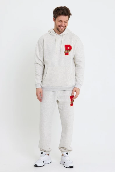 Erkek 3 İplik Pamuklu İçi Polarlı Oversize Nakışlı Kapüşonlu Kanguru Cepli Kar Melanj Sweatshirt - 8
