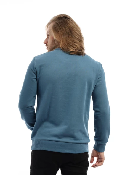 Erkek 3 İplik Pamuklu Baskılı Regular Fit Basic Bisiklet Yaka Mavi Sweatshirt - 5