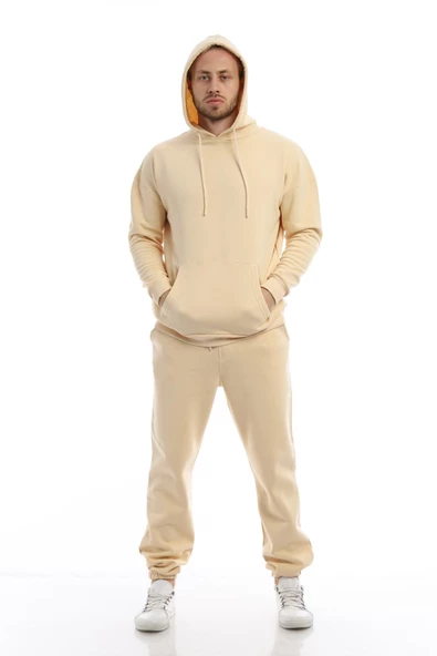 Erkek 3 İplik Pamuklu İçi Polarlı Oversize Kapüşonlu Kanguru Cepli Krem Sweatshirt - 2