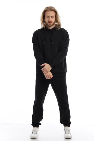 Erkek 3 İplik Pamuklu İçi Polarlı Oversize Kapüşonlu Kanguru Cepli Siyah Sweatshirt - Resim 2