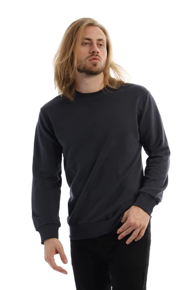 Erkek 3 İplik Pamuklu Regular Fit Basic Bisiklet Yaka Füme Sweatshirt - Resim 8