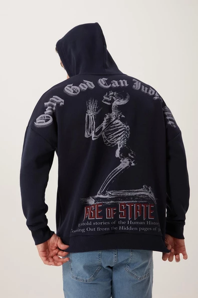 Erkek Ön Arka Age Of State Baskılı Sweatshirt Lacivert