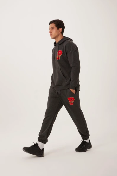 Erkek 3 İplik Pamuklu İçi Polarlı Oversize Nakışlı Kapüşonlu Kanguru Cepli Antrasit Sweatshirt - 3