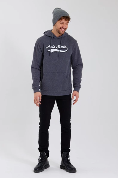 Erkek 3 İplik Pamuklu İçi Polarlı Baskılı Regular Fit Kapüşonlu Kanguru Cepli Antrasit Sweatshirt - Resim 6