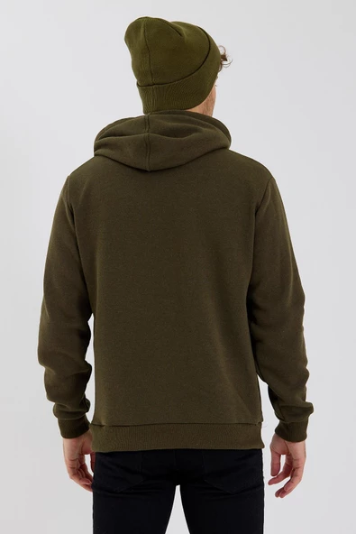 Erkek 3 İplik Pamuklu İçi Polarlı Baskılı Regular Fit Kapüşonlu Kanguru Cepli Haki Sweatshirt - Resim 12