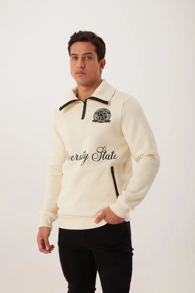 Erkek Relax Fit 3 İplik Rahat Kesim Pamuklu İçi Polarlı Yarım Fermuarlı Dik Yaka Ekru Sweatshirt - 5