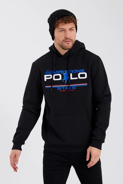 Erkek Kapüşonlu Baskılı 3 İplik Sweatshirt Siyah - 3