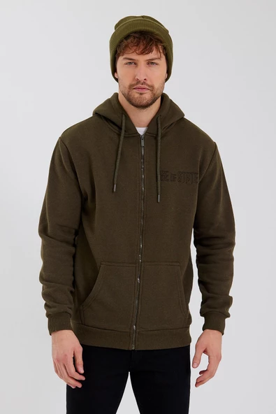 Age Of State Nakışlı Fermuarlı 3 İplik Sweatshirt Haki - Resim 6