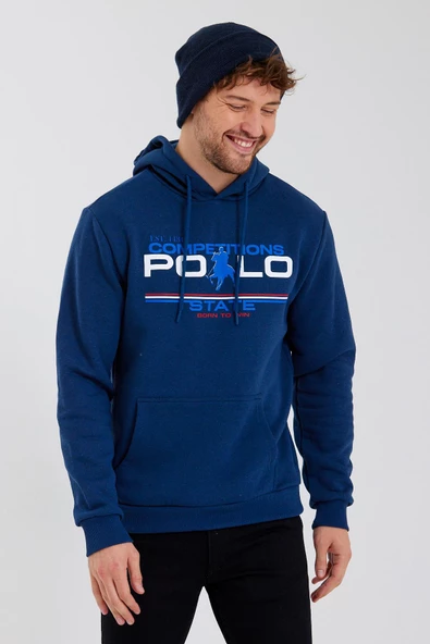 Erkek Kapüşonlu Baskılı 3 İplik Sweatshirt İndigo - Resim 6