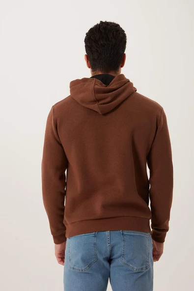 Erkek Kapüşonlu Kanguru Cep 3 İplik Sweatshirt  Kahverengi - Resim 3