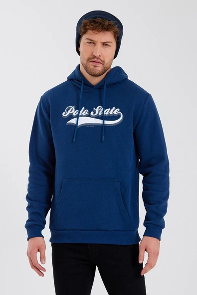 Erkek 3 İplik Pamuklu İçi Polarlı Baskılı Regular Fit Kapüşonlu Kanguru Cepli İndigo Sweatshirt - 5