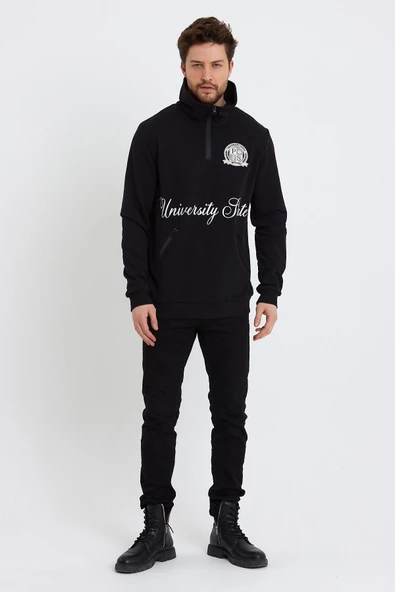 Erkek Relax Fit 3 İplik Rahat Kesim Pamuklu İçi Polarlı Yarım Fermuarlı Dik Yaka Siyah Sweatshirt - 8