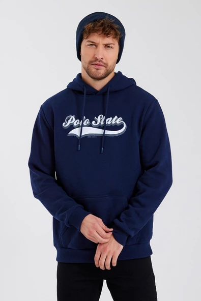 Erkek 3 İplik Pamuklu İçi Polarlı Baskılı Regular Fit Kapüşonlu Kanguru Cepli Lacivert Sweatshirt - 9