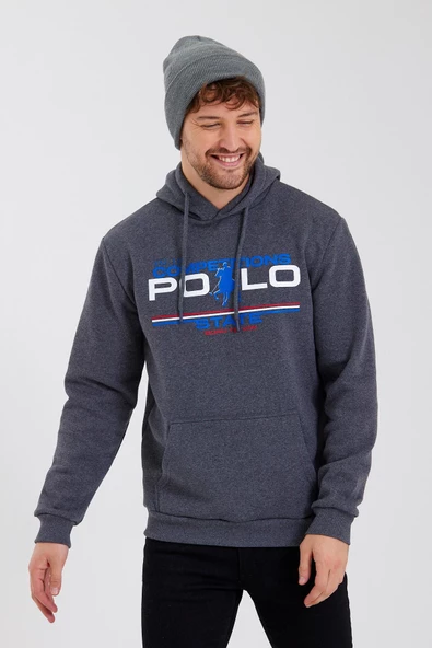 Erkek Kapüşonlu Baskılı 3 İplik Sweatshirt Antrasit - Resim 12