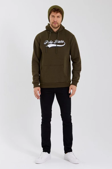 Erkek 3 İplik Pamuklu İçi Polarlı Baskılı Regular Fit Kapüşonlu Kanguru Cepli Haki Sweatshirt - Resim 6