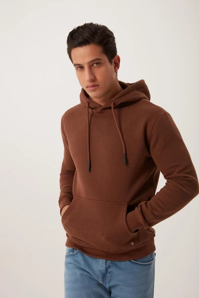 Erkek Kapüşonlu Kanguru Cep 3 İplik Sweatshirt  Kahverengi - Resim 2