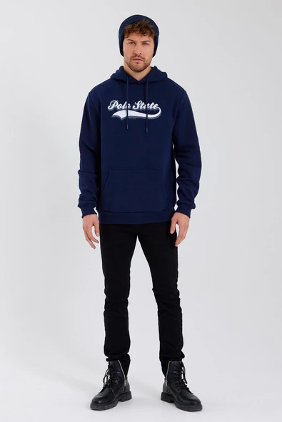 Erkek 3 İplik Pamuklu İçi Polarlı Baskılı Regular Fit Kapüşonlu Kanguru Cepli Lacivert Sweatshirt - 10