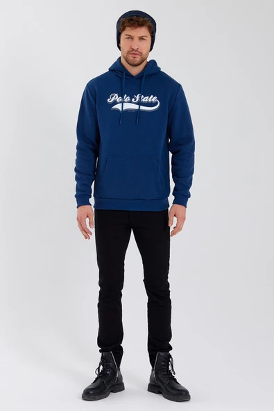 Erkek 3 İplik Pamuklu İçi Polarlı Baskılı Regular Fit Kapüşonlu Kanguru Cepli İndigo Sweatshirt - 10
