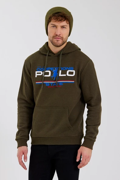 Erkek Kapüşonlu Baskılı 3 İplik Sweatshirt Haki - 6