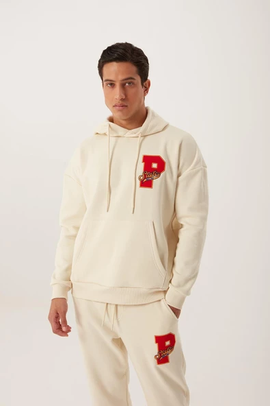 Erkek 3 İplik Pamuklu İçi Polarlı Oversize Nakışlı Kapüşonlu Kanguru Cepli Ekru Sweatshirt - 9