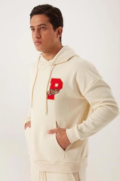 Erkek 3 İplik Pamuklu İçi Polarlı Oversize Nakışlı Kapüşonlu Kanguru Cepli Ekru Sweatshirt - 7