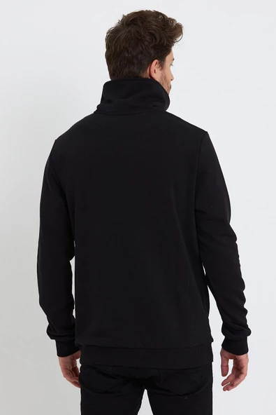 Erkek Relax Fit 3 İplik Rahat Kesim Pamuklu İçi Polarlı Yarım Fermuarlı Dik Yaka Siyah Sweatshirt - 10