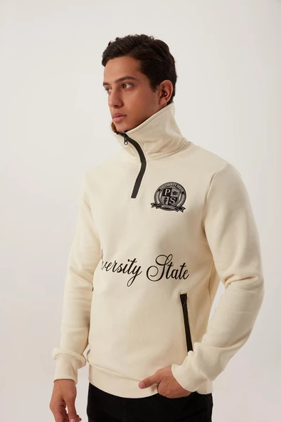 Erkek Relax Fit 3 İplik Rahat Kesim Pamuklu İçi Polarlı Yarım Fermuarlı Dik Yaka Ekru Sweatshirt - 11
