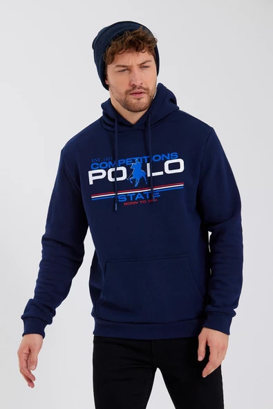 Erkek Kapüşonlu Baskılı 3 İplik Sweatshirt Lacivert - Resim 2