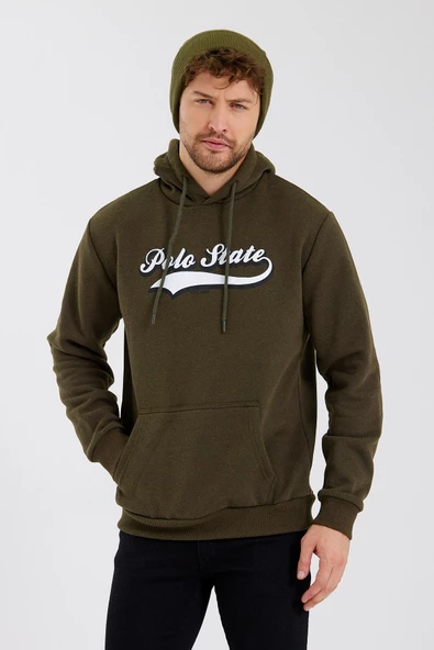 Erkek 3 İplik Pamuklu İçi Polarlı Baskılı Regular Fit Kapüşonlu Kanguru Cepli Haki Sweatshirt - Resim 5