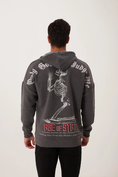 Erkek 3 İplik Pamuklu İçi Polarlı Ön Arka Baskılı Oversize Kapüşonlu Antrasit Sweatshirt - 5
