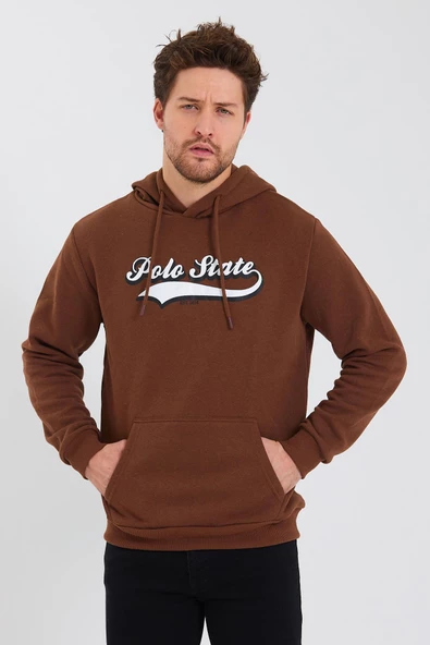 Erkek 3 İplik Pamuklu İçi Polarlı Baskılı Regular Fit Kapüşonlu Kanguru Cepli Kahverengi Sweatshirt - 8