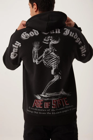 Erkek Ön Arka Age Of State Baskılı Sweatshirt Siyah